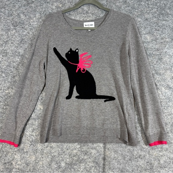 Leo & Ugo Paris Gray Sweater Women’s Black Cat Bow Graphic Long Sleeve Size 4 - Picture 2 of 15